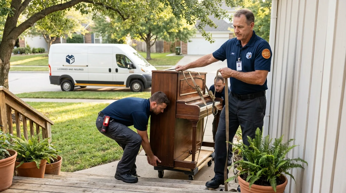 Licensed piano movers securing grand piano in Osburn, ID