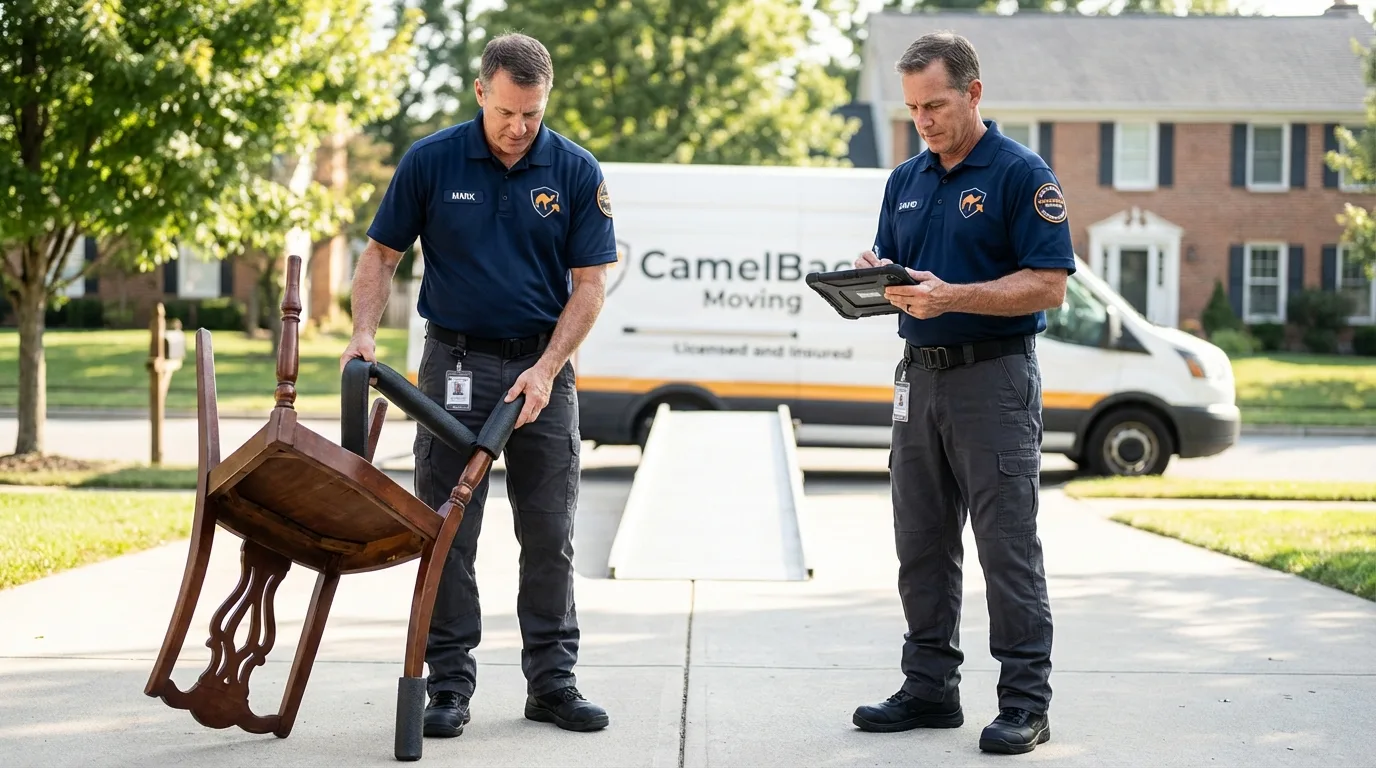 Movers inspecting furniture for damage prevention before loading in Osburn, ID