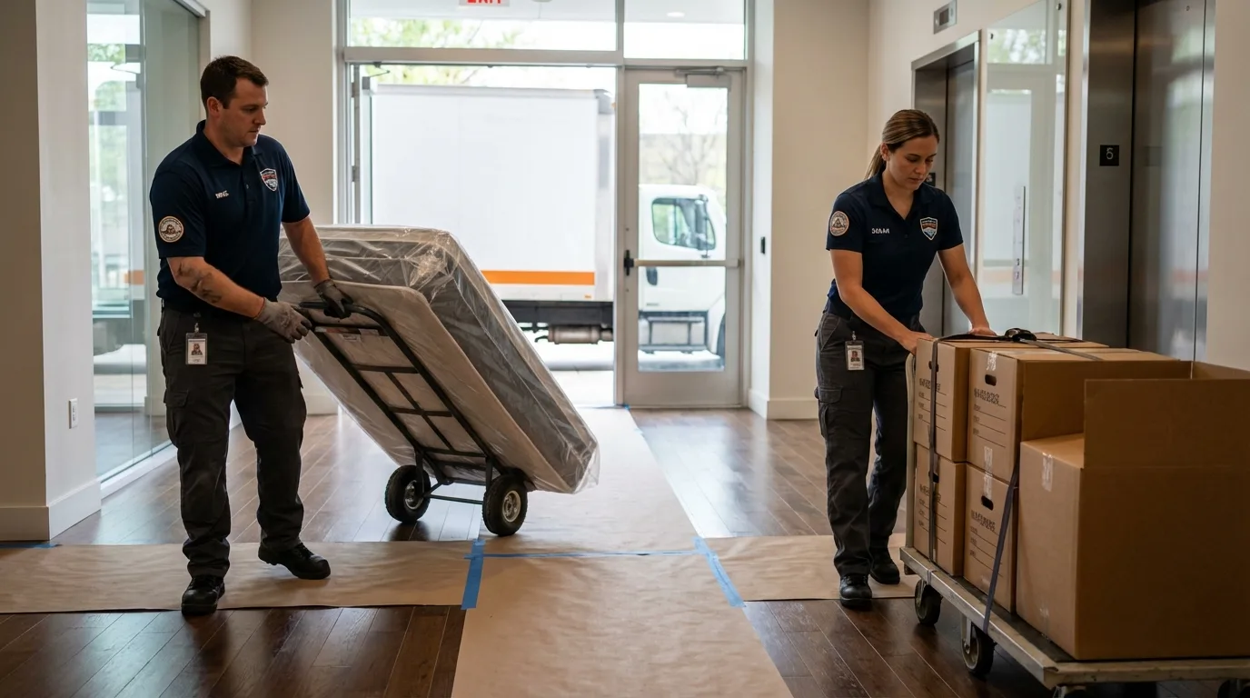 Professional apartment movers loading elevator in Osburn, ID